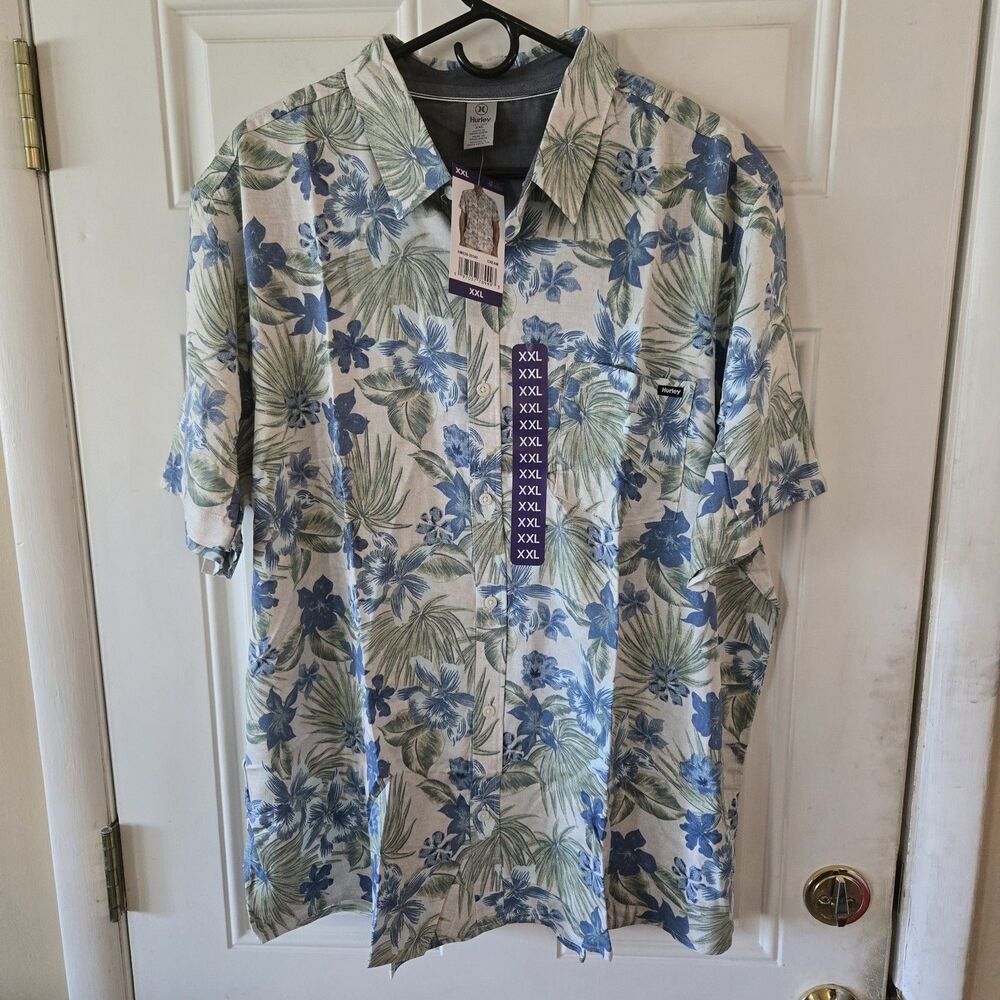 Hurley Boardwalk Shirt Mens XXL Cream Blue Floral Hawaiian Short Sleeve NWT